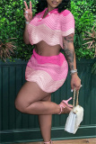 Fashion Sexy Patchwork Solid Hollowed Out Turndown Collar Short Sleeve Two Pieces