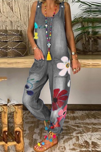 Casual Print Basic U Neck Straight Jumpsuits