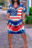 Casual Print Patchwork Basic V Neck Short Sleeve Short Sleeve Dress