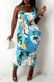 Tropical Print Sleeveless Backless Casual Vacation Bodycon Cami Maxi Dress