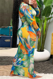 Sexy Print Patchwork V Neck Long Sleeve Dresses