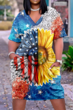 Casual Print Patchwork Basic V Neck Short Sleeve Short Sleeve Dress