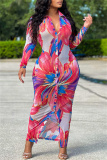 Sexy Print Patchwork V Neck Long Sleeve Dresses