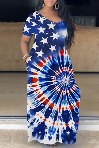 Casual Print Basic V Neck Long Plus Size Dresses