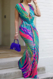 Green Abstract Print Deep V Neck Cap Sleeves Waist Knot Evening Party Bodycon Maxi Dresses