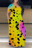 Casual Print Basic V Neck Long Plus Size Dresses