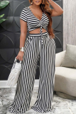 Striped Print Deep V Neck Short Sleeve Crop Top and Palazzo Pants Vacation Daily Two Piece Pant Set