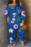 Casual Print Patchwork Off the Shoulder Regular Jumpsuits
