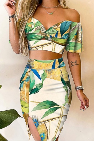 Sexy Casual Print Backless Slit Off the Shoulder Short Sleeve Two Pieces