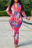 Sexy Print Patchwork V Neck Long Sleeve Dresses