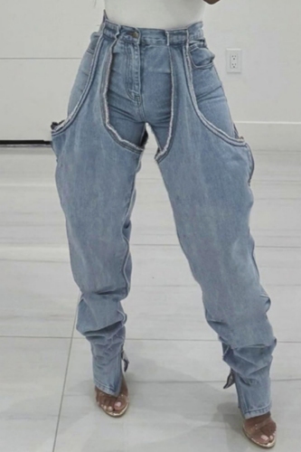 Casual Solid Hollowed Out Patchwork High Waist Skinny Denim Jeans