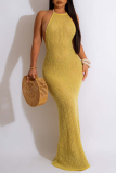 Sexy Solid Bandage Backless Halter Long Dresses