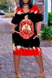 Black Red Casual Street Print Patchwork V Neck Straight Plus Size Dresses