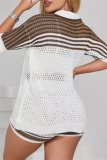 Casual Patchwork Contrast Turndown Collar Short Sleeve Two Pieces
