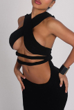 Street Solid Hollowed Out Patchwork Slit Halter Long Dresses