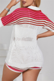 Casual Patchwork Contrast Turndown Collar Short Sleeve Two Pieces