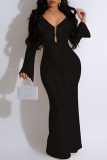 Sexy Solid See-through V Neck Long Dresses