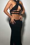 Street Solid Hollowed Out Patchwork Slit Halter Long Dresses