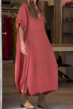 Casual Simplicity Solid Buttons O Neck A Line Short Sleeve Dress
