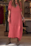 Casual Simplicity Solid Buttons O Neck A Line Short Sleeve Dress