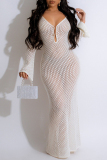 Sexy Solid See-through V Neck Long Dresses