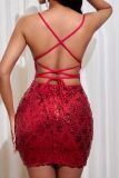 Sexy Patchwork Sequins Backless Cross Straps V Neck Sling Dresses