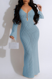 Sexy Solid See-through V Neck Long Dresses