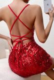 Sexy Patchwork Sequins Backless Cross Straps V Neck Sling Dresses