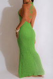 Sexy Solid Bandage Backless Halter Long Dresses