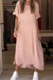 Casual Simplicity Solid Buttons O Neck A Line Short Sleeve Dress