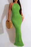 Sexy Solid Bandage Backless Halter Long Dresses