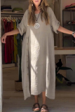 Casual Simplicity Solid Buttons O Neck A Line Short Sleeve Dress