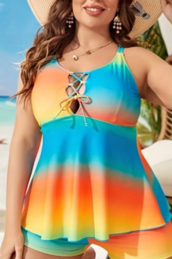 Sexy Gradient Print Hollowed Out Frenulum Backless U Neck Plus Size Swimwear
