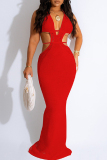 Sexy Solid Hollowed Out Backless Halter Long Dresses