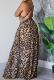 Celebrities Leopard Bandage Hollowed Out Patchwork Backless Slit Spaghetti Strap Sling Dresses