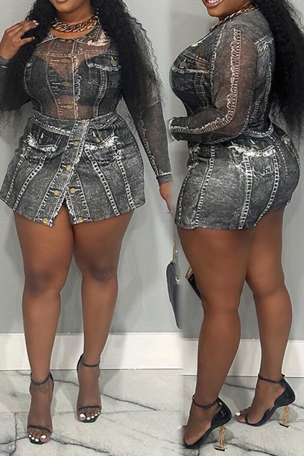 Elegant Print Patchwork O Neck Plus Size Two Pieces