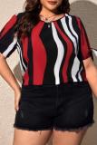 Casual Striped Print Frenulum O Neck Plus Size Tops