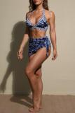 Sexy Print Bandage Backless Swimsuit Three Piece Set (With Paddings)