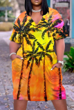 Casual Print Patchwork Basic V Neck Short Sleeve Short Sleeve Dress