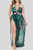 Sexy Print Bandage Backless Halter Plus Size Swimwear Three Piece Set (With Paddings)