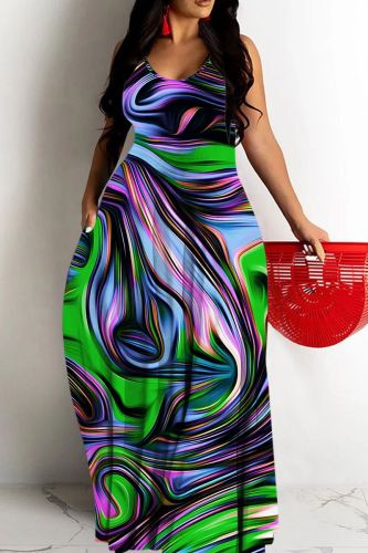 Sexy Casual Print Backless Spaghetti Strap Long Dresses