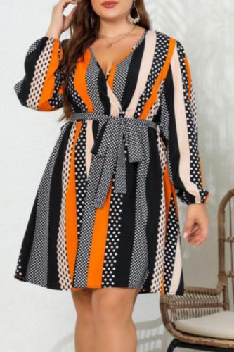 Casual Print Frenulum V Neck Long Sleeve Plus Size Dresses