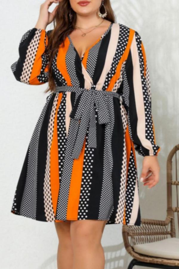 Casual Print Frenulum V Neck Long Sleeve Plus Size Dresses