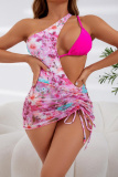 Sexy Print Hollowed Out Draw String Frenulum Backless Swimsuit Three Piece Set