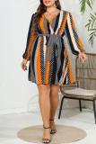 Casual Print Frenulum V Neck Long Sleeve Plus Size Dresses
