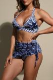 Sexy Print Bandage Backless Swimsuit Three Piece Set (With Paddings)