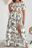 Casual Print Patchwork Slit Off the Shoulder Plus Size Two Pieces