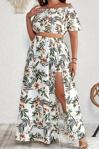 Casual Print Patchwork Slit Off the Shoulder Plus Size Two Pieces