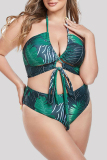 Sexy Print Bandage Backless Halter Plus Size Swimwear Three Piece Set (With Paddings)