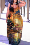 Sexy Casual Print Backless Spaghetti Strap Long Dresses